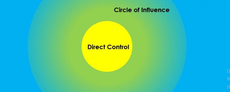The centre circle shows the things we have direct control over. The next circle shows the things we are able to influence. The largest circle shows the things we have no control over - these things are external to our control.